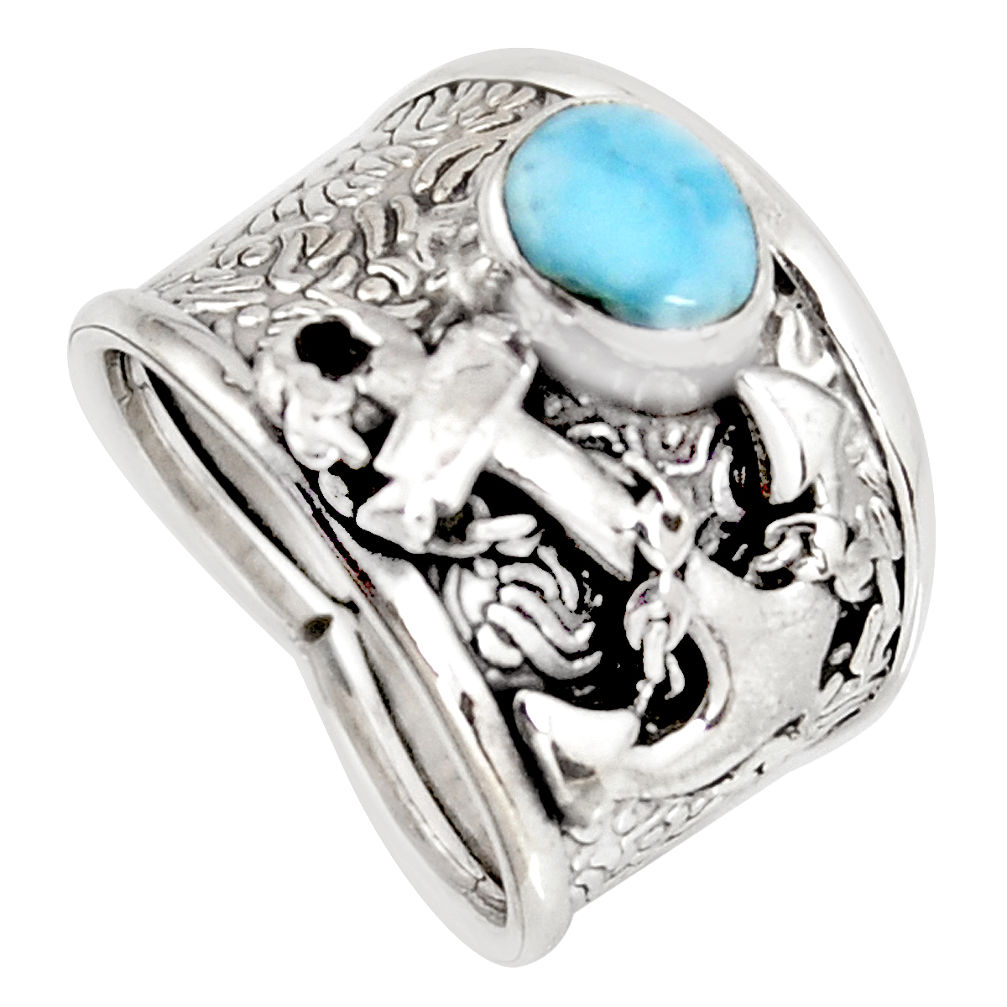 2.11cts natural blue larimar 925 silver anchor charm ring size 7.5 r1262