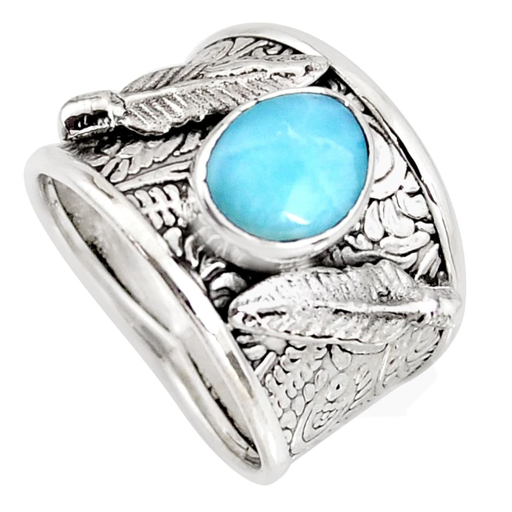 925 sterling silver 2.41cts natural blue larimar feather ring size 8 r1275