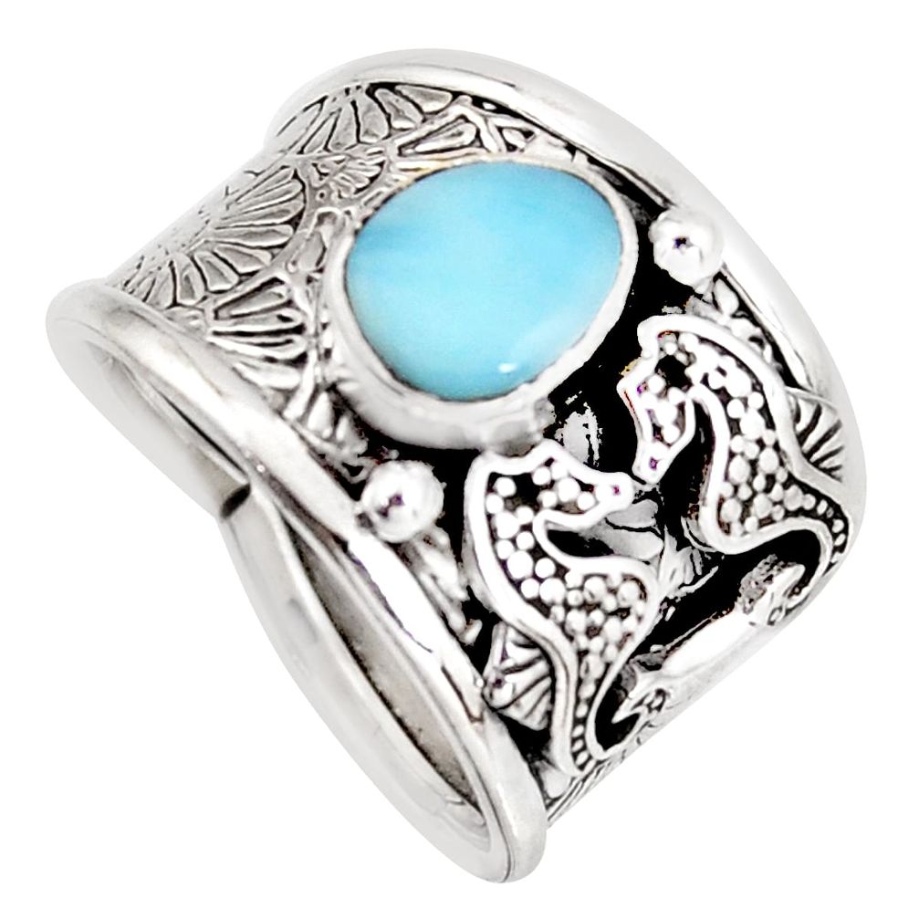 2.18cts natural blue larimar 925 sterling silver seahorse ring size 8 r1282