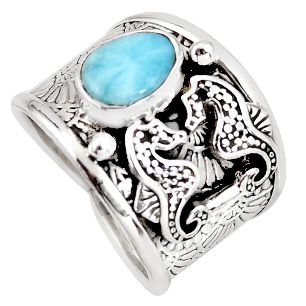 2.01cts natural blue larimar 925 sterling silver seahorse ring size 6.5 r1285