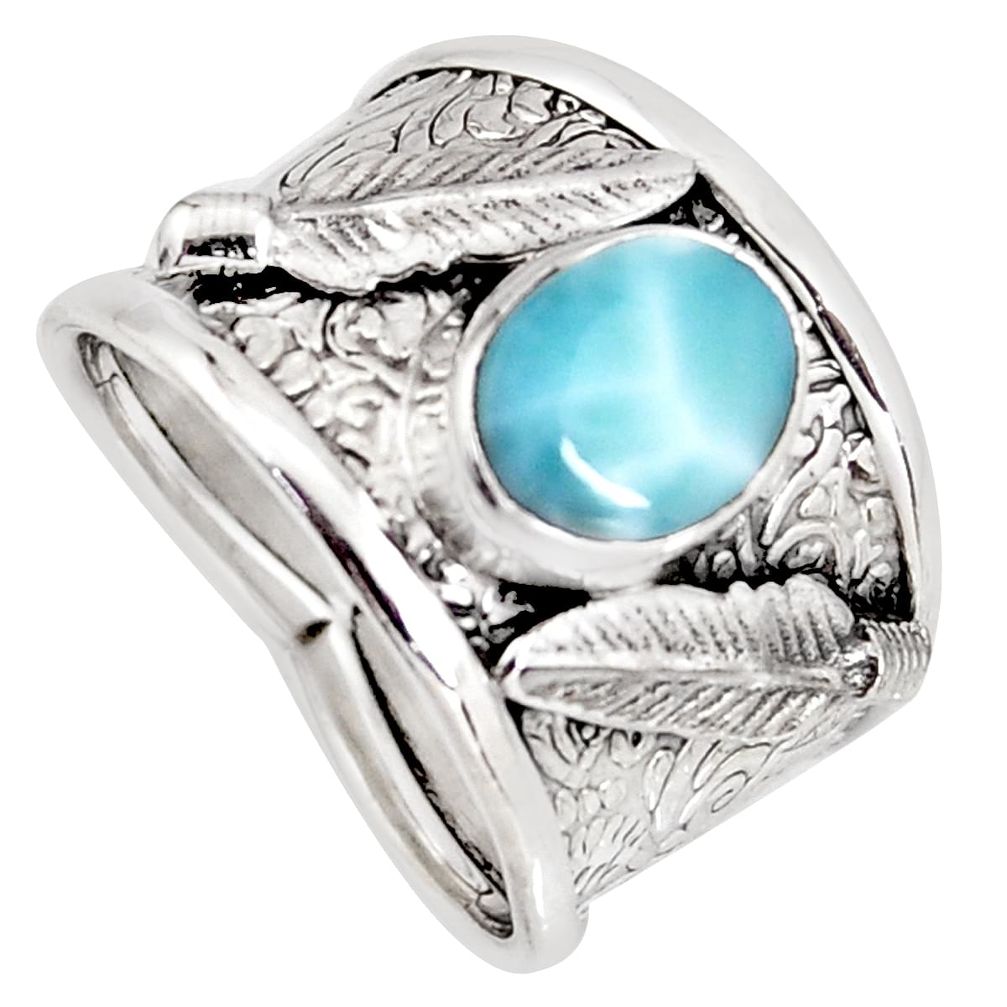 3.24cts natural blue larimar 925 sterling silver feather ring size 8.5 r1287