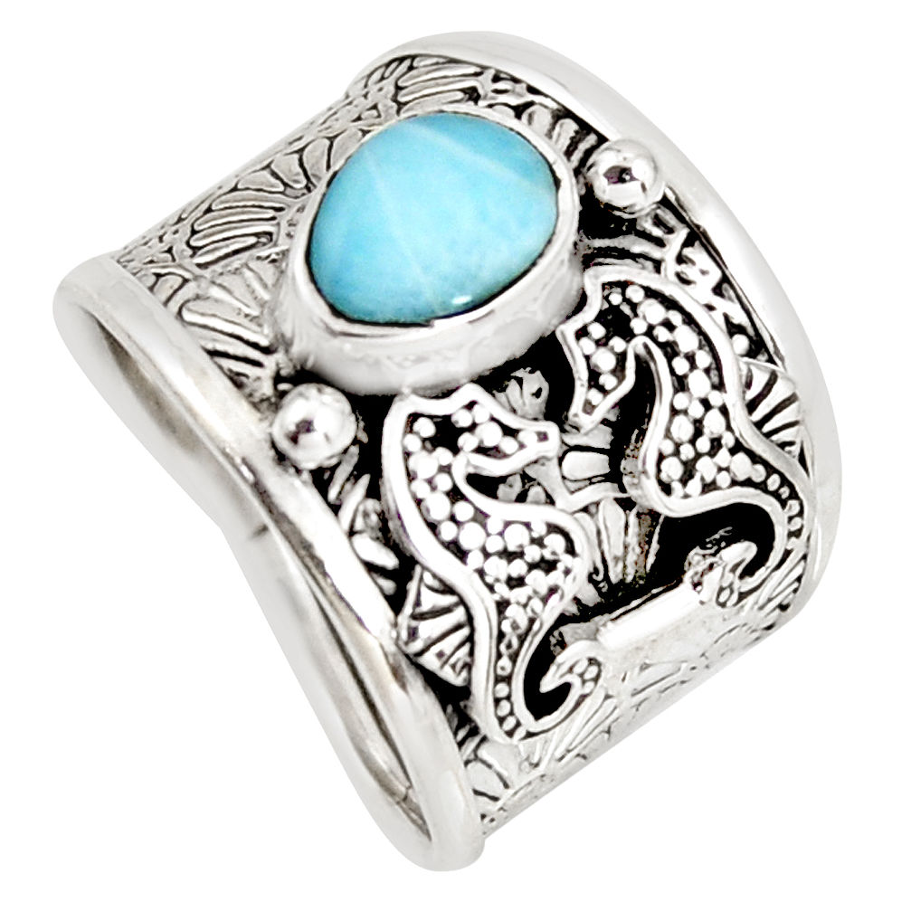 1.94cts natural blue larimar 925 sterling silver seahorse ring size 7 r1290