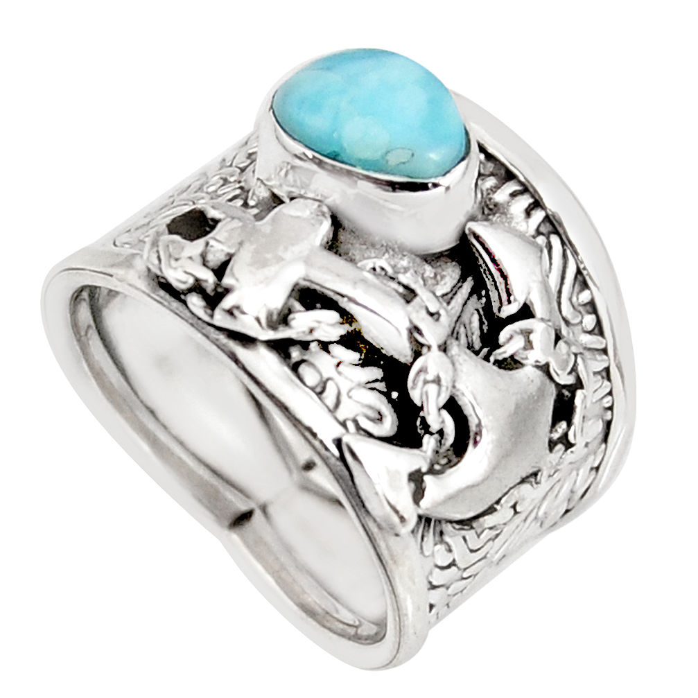 2.11cts natural blue larimar 925 silver anchor charm ring jewelry size 6.5 r1293
