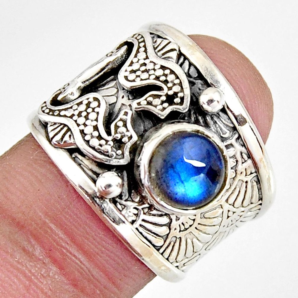 925 silver 2.32cts natural blue labradorite round seahorse ring size 6.5 r1304