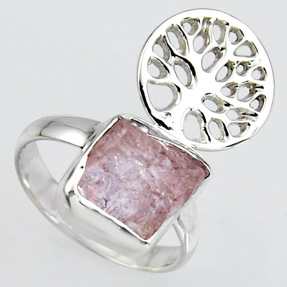 4.68cts natural morganite rough silver tree of life solitaire ring size 7 r1521