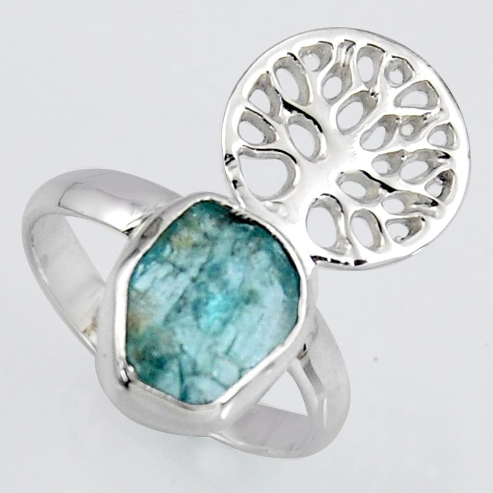 4.68cts natural apatite rough silver tree of life solitaire ring size 8 r1534