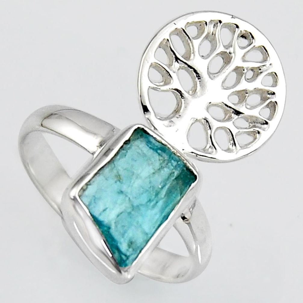 4.42cts natural apatite rough silver tree of life solitaire ring size 8 r1540