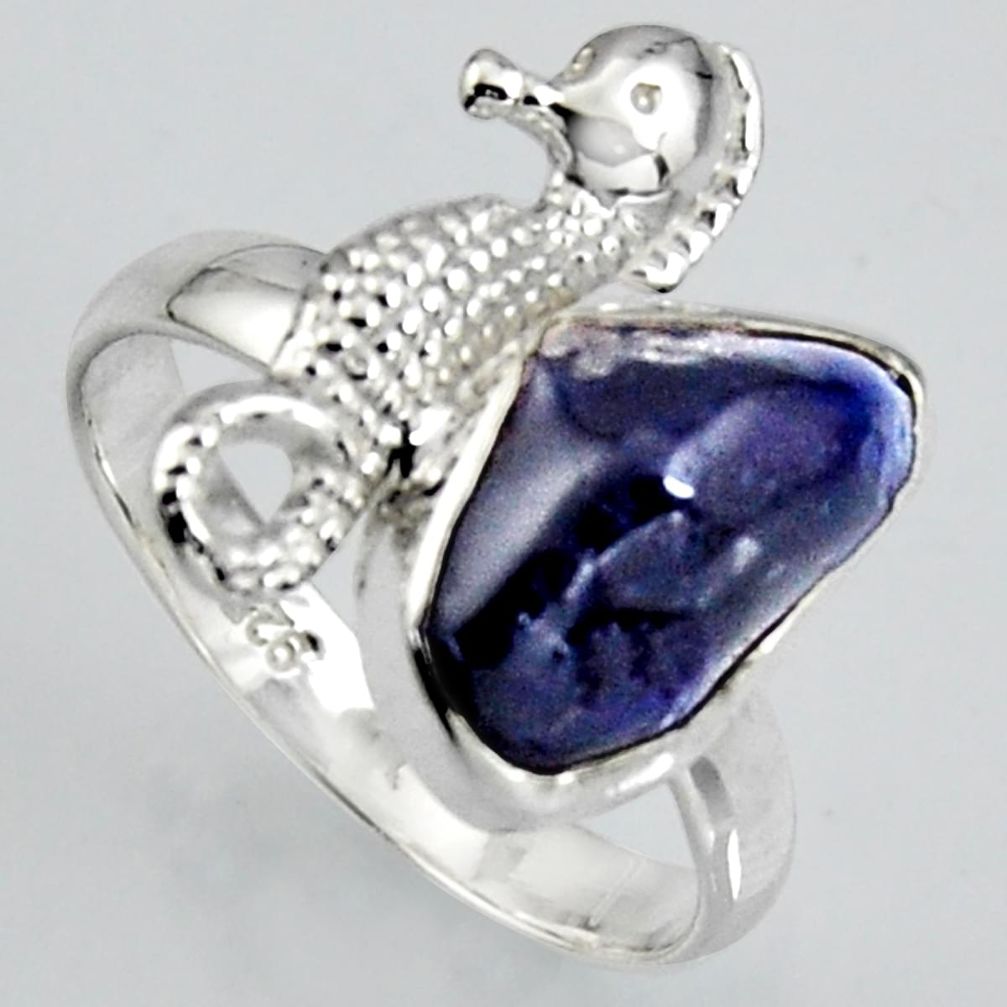 5.11cts natural blue sapphire rough silver seahorse solitaire ring size 8 r1559
