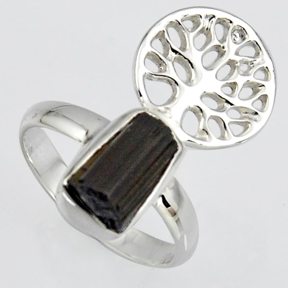 4.43cts natural tourmaline rough silver tree of life solitaire ring size 7 r1563