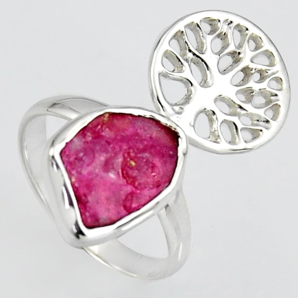 4.42cts natural pink ruby rough silver tree of life solitaire ring size 7 r1588