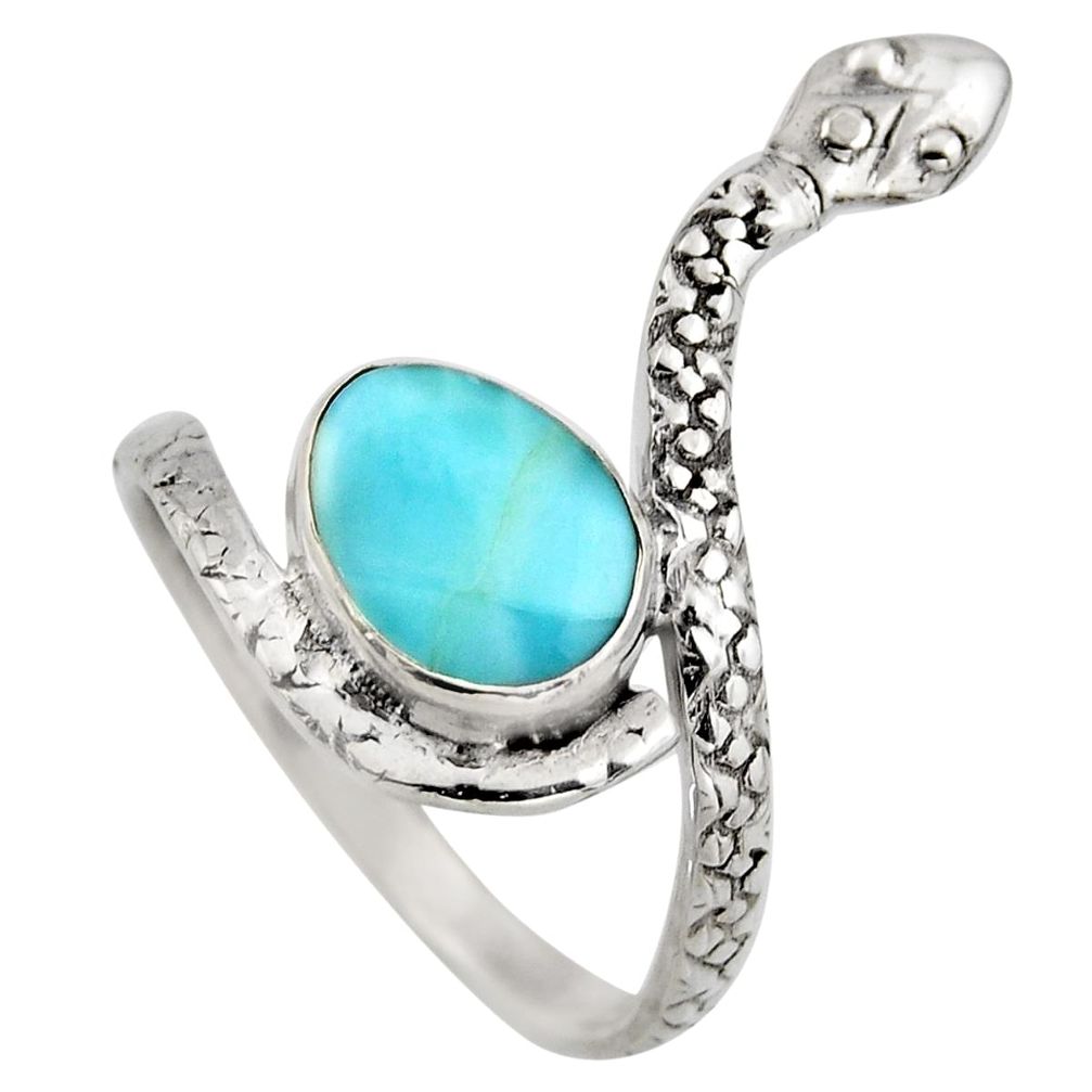 3.83cts natural blue larimar 925 sterling silver snake ring jewelry size 9 r1994