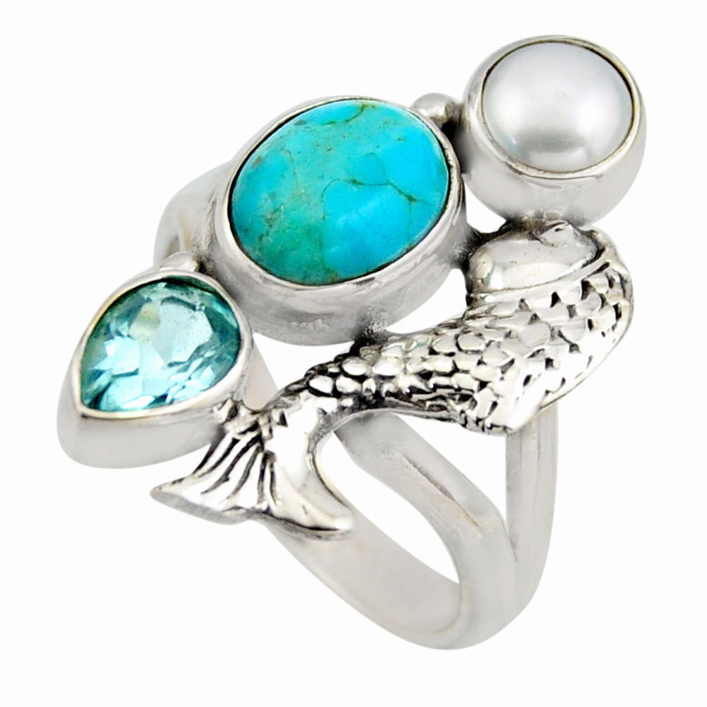 6.80cts blue arizona mohave turquoise topaz 925 silver fish ring size 7.5 r2041