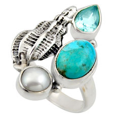 925 silver 6.57cts blue arizona mohave turquoise topaz pearl ring size 7.5 r2046