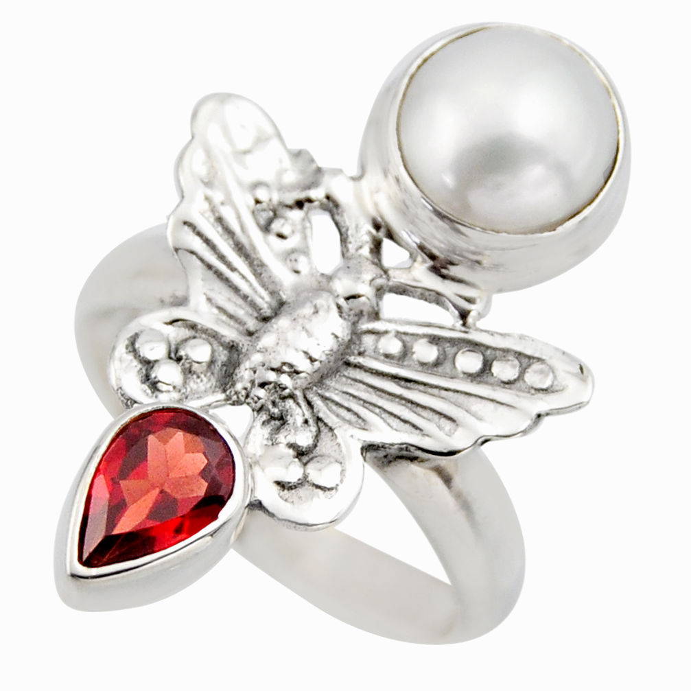 5.42cts natural white pearl red garnet 925 silver butterfly ring size 8 r2051