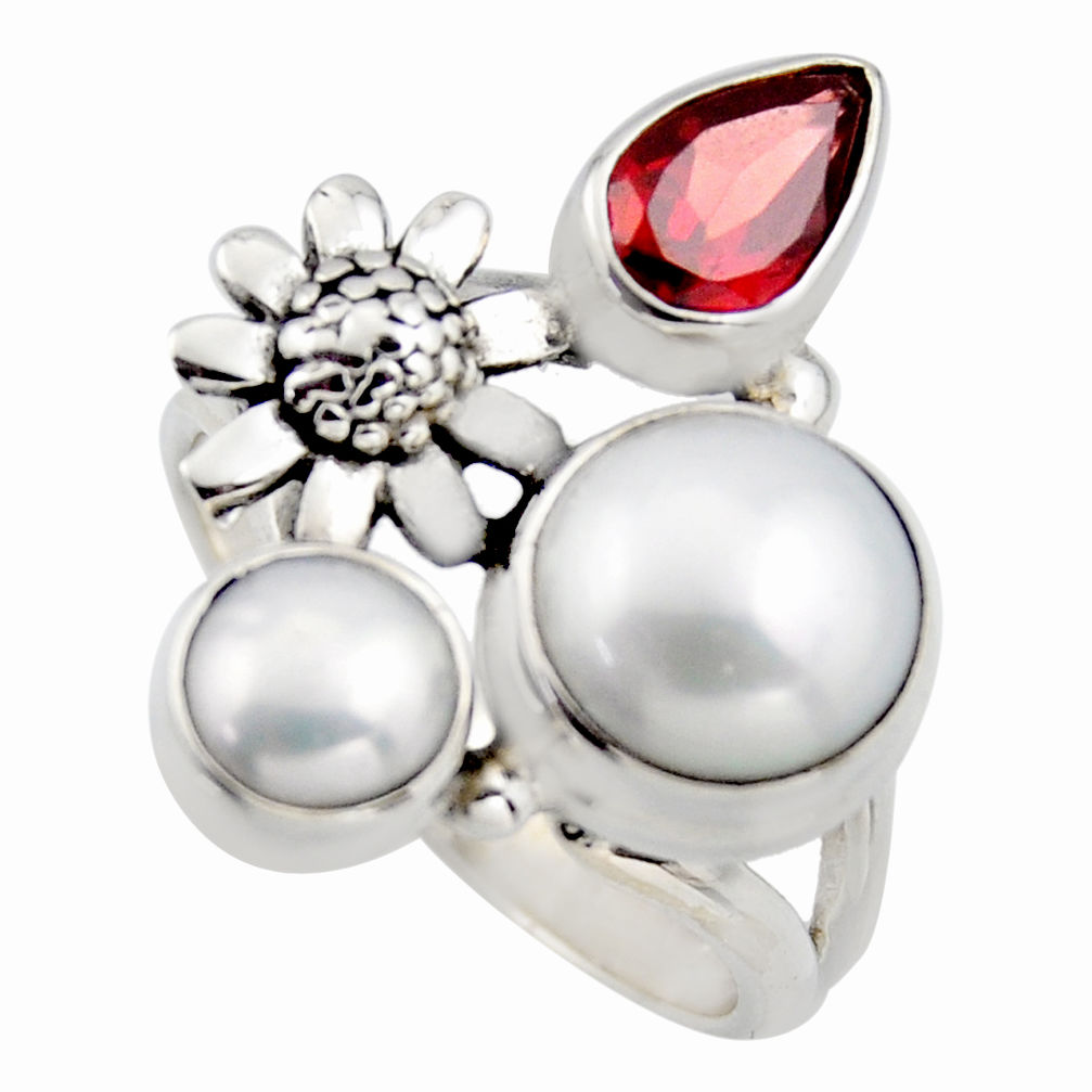 925 silver 6.49cts natural white pearl red garnet flower ring size 7.5 r2055