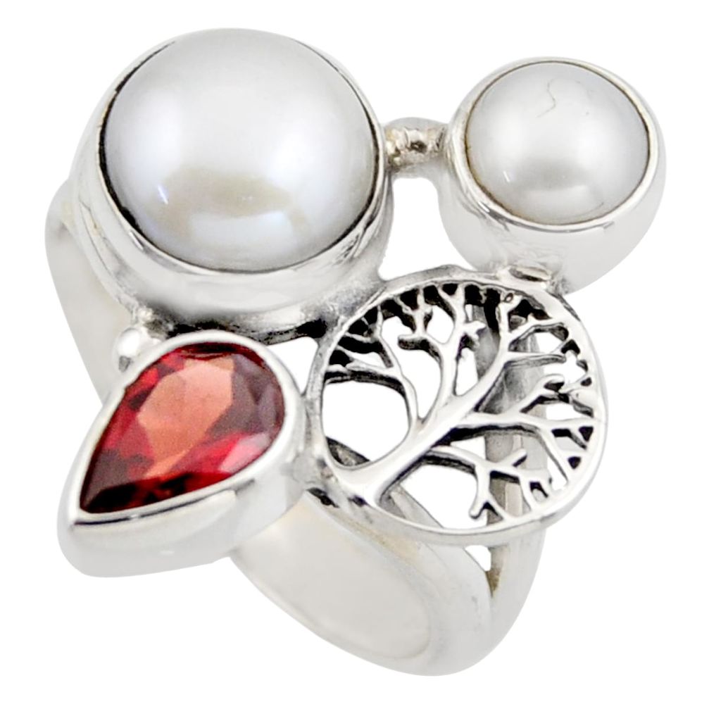 6.78cts natural white pearl garnet 925 silver tree of life ring size 7 r2057