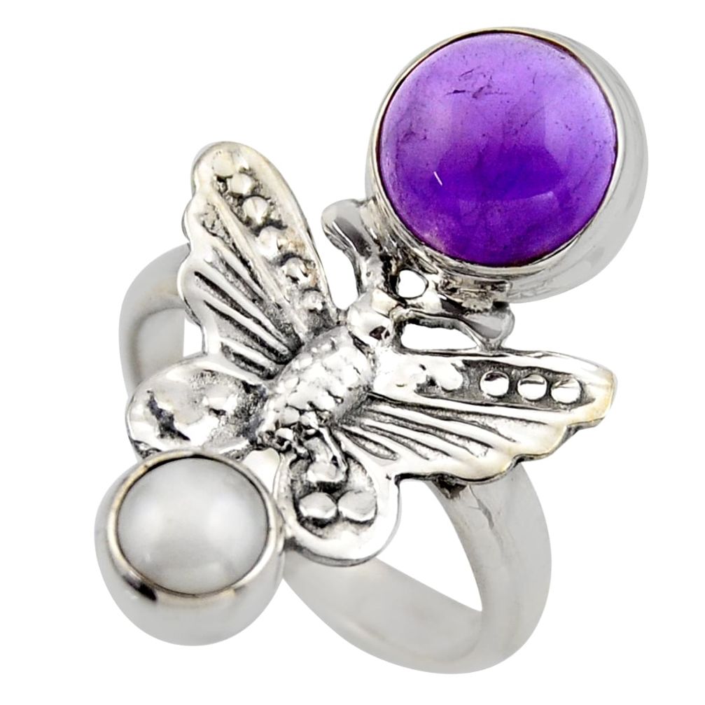 5.97cts natural purple amethyst pearl 925 silver butterfly ring size 7.5 r2065