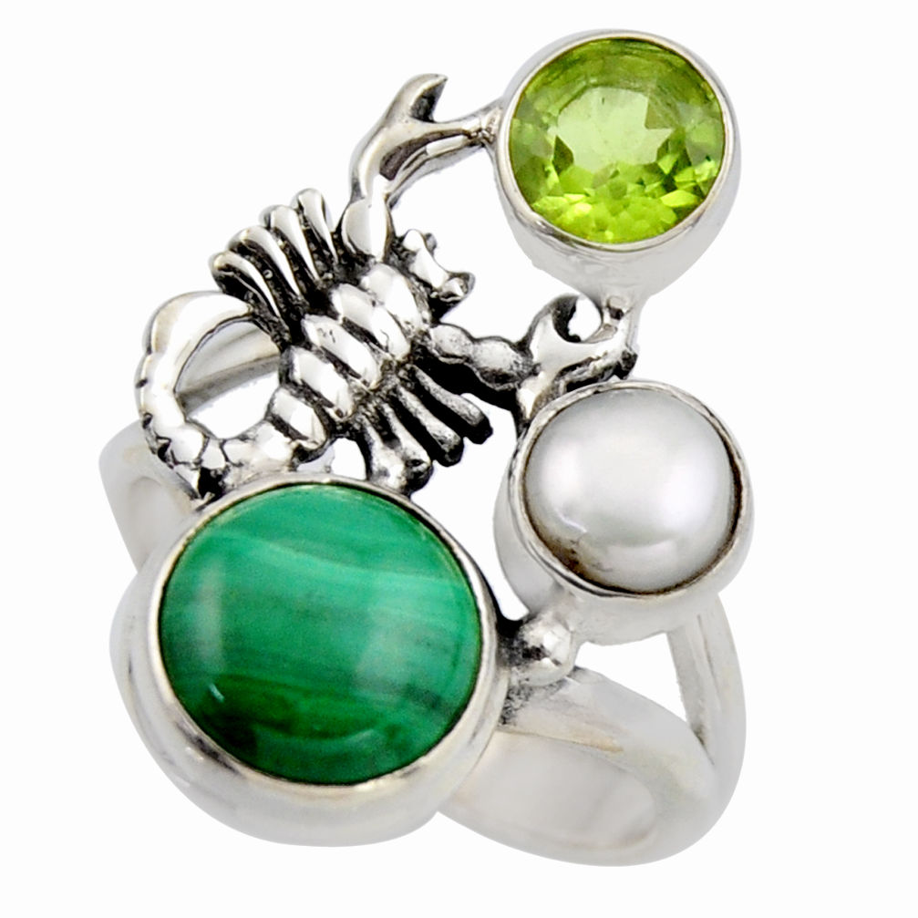 6.76cts natural green malachite 925 silver scorpion charm ring size 7.5 r2079