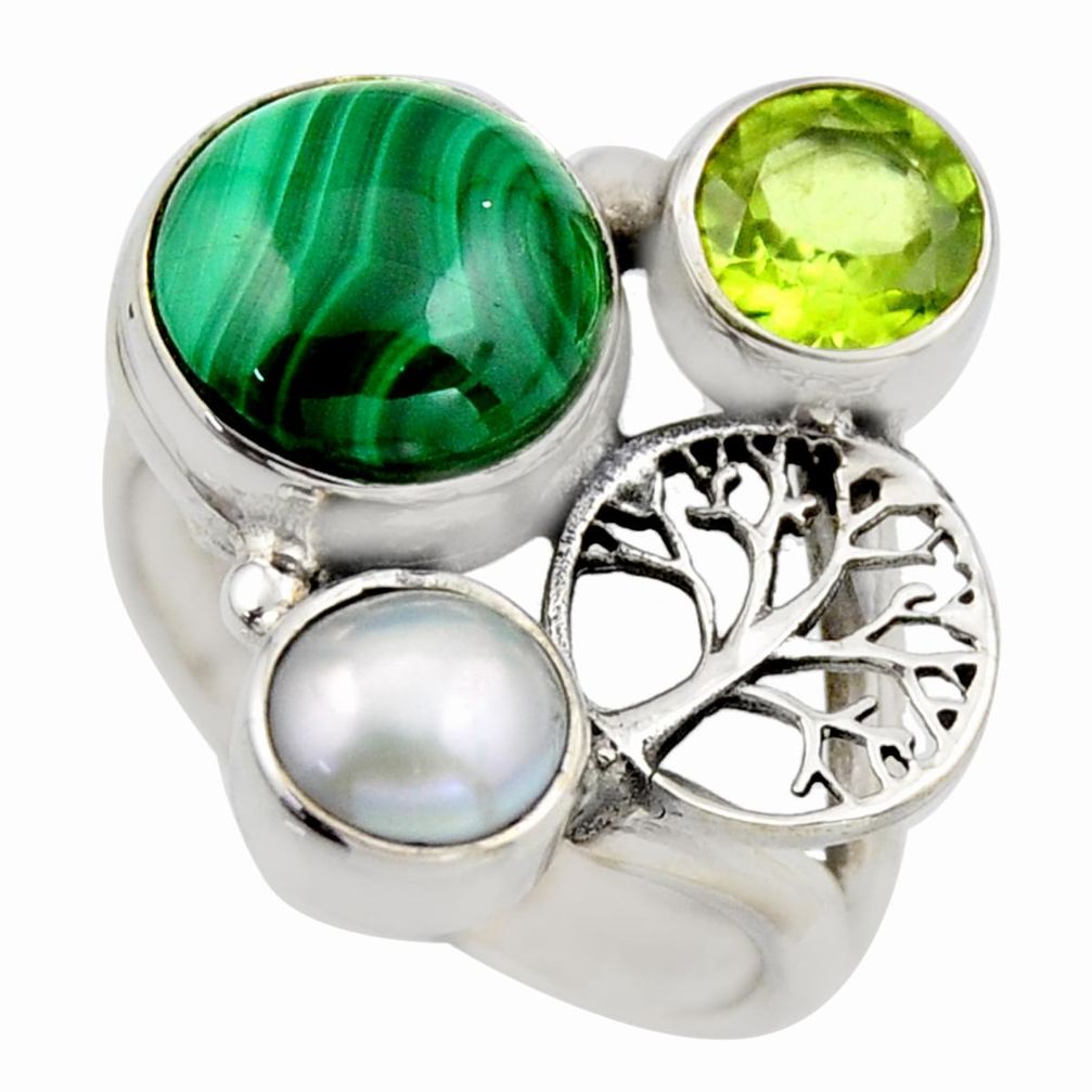 925 silver 6.32cts natural green malachite pearl tree of life ring size 6 r2080