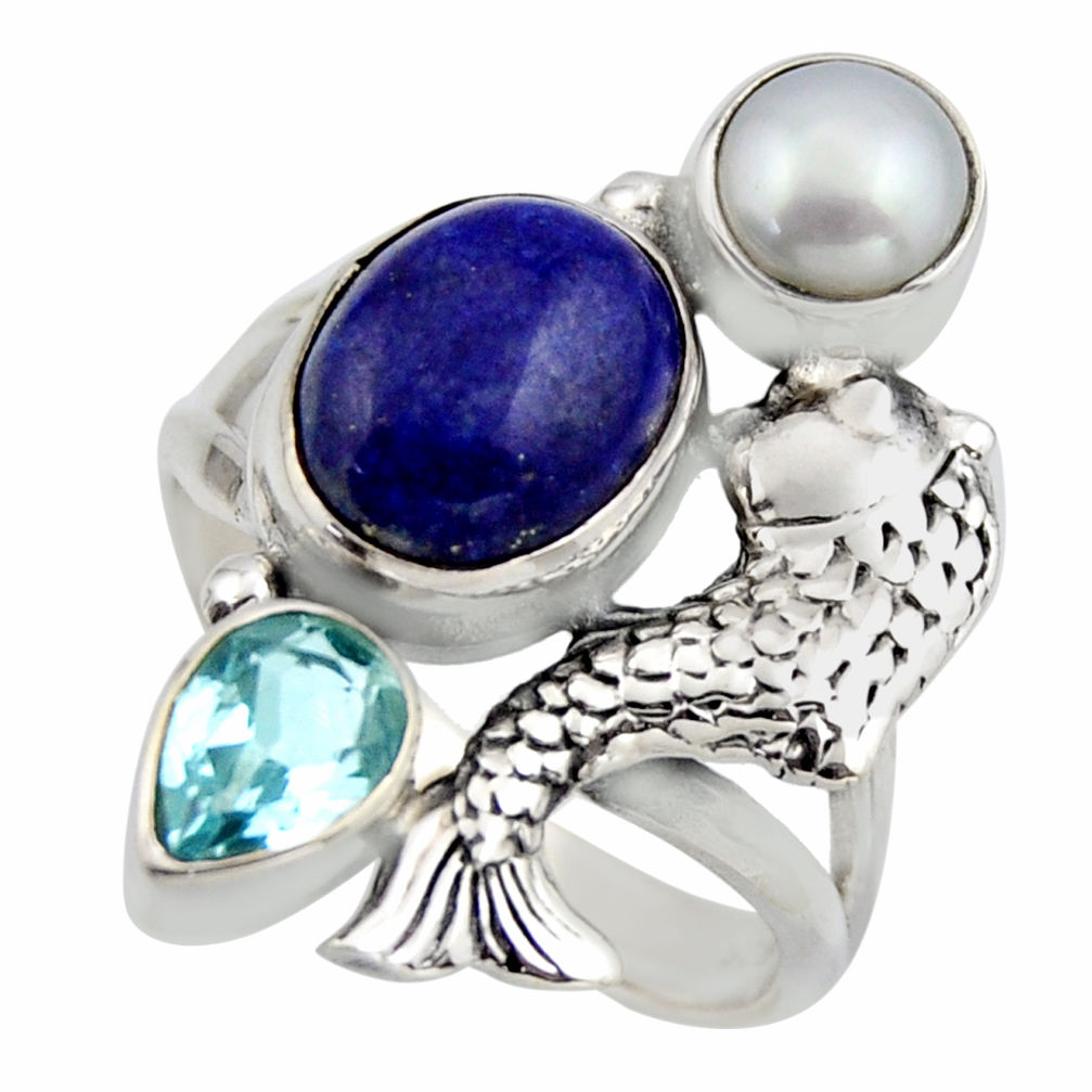 925 silver 6.76cts natural blue lapis lazuli topaz pearl fish ring size 8 r2088