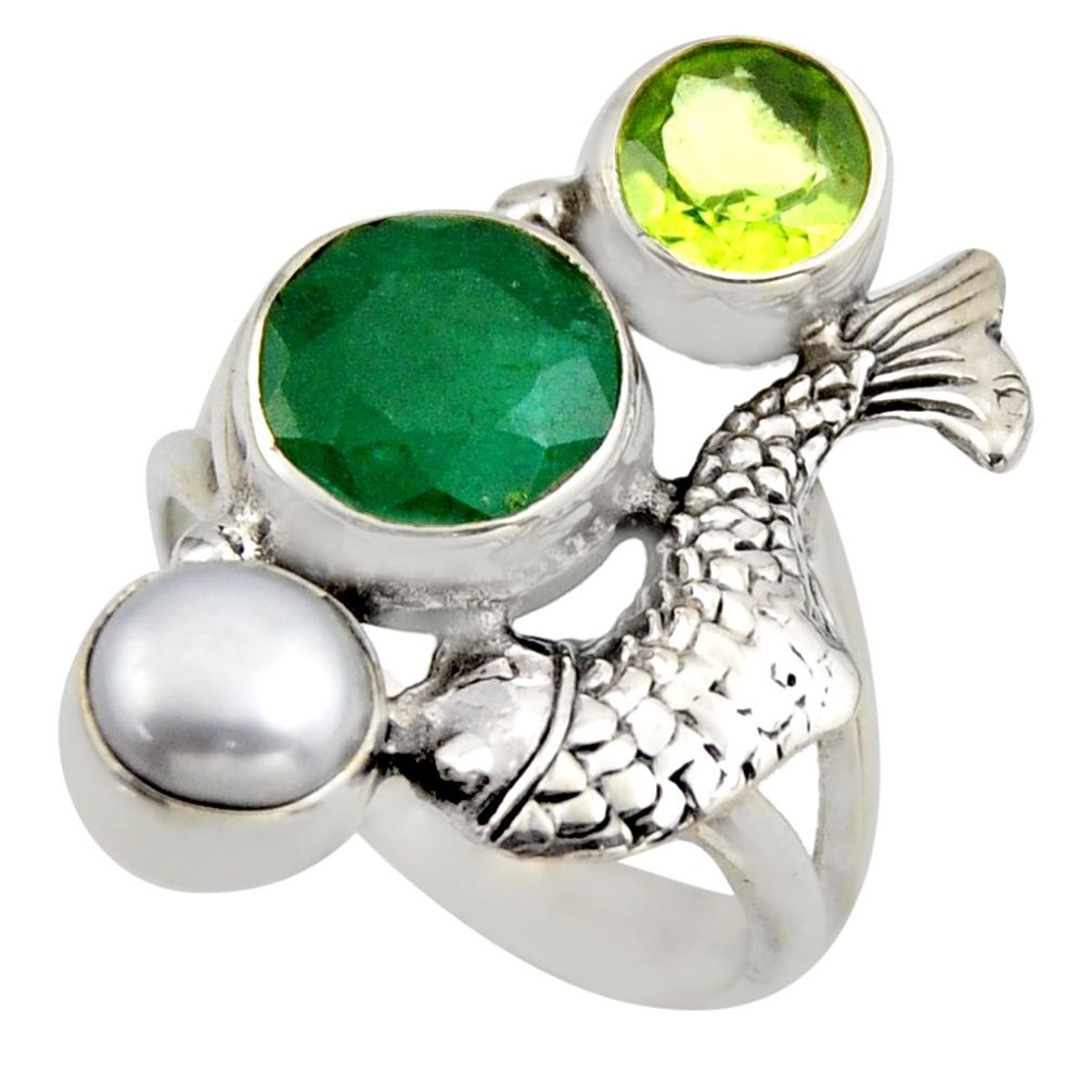 5.60cts natural green emerald peridot pearl 925 silver fish ring size 6.5 r2097