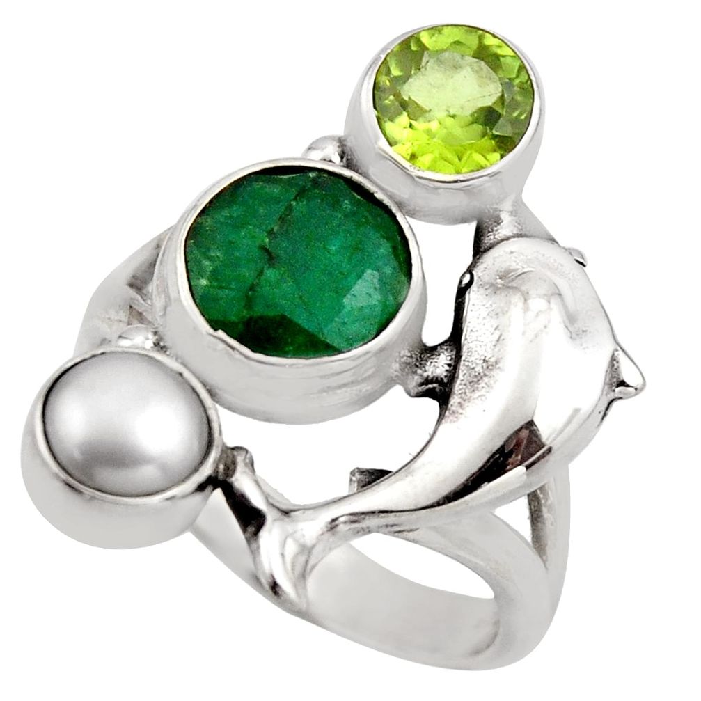 5.08cts natural green emerald peridot pearl 925 silver dolphin ring size 8 r2100