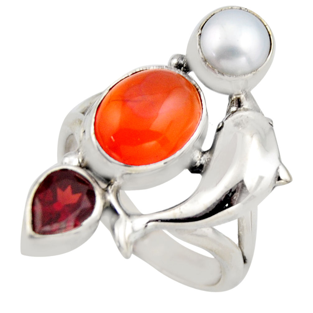 7.10cts natural orange cornelian (carnelian) silver dolphin ring size 7.5 r2106