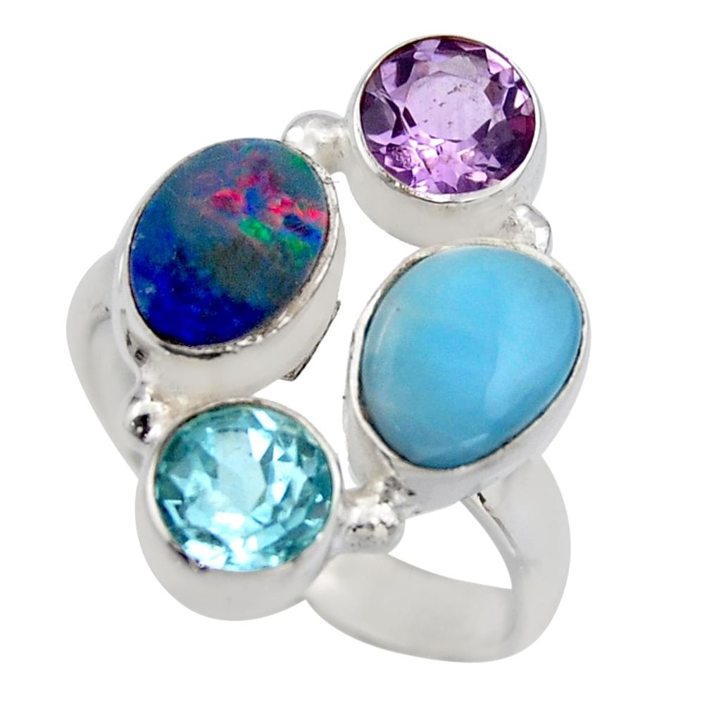 5.97cts natural blue larimar amethyst topaz 925 silver ring size 7.5 r2140