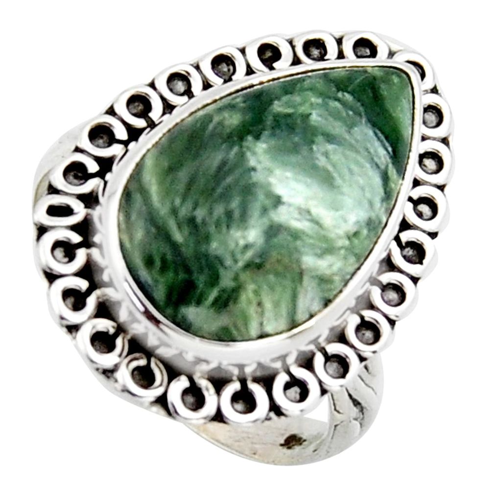 925 silver 10.29cts natural green seraphinite pear solitaire ring size 8 r2680