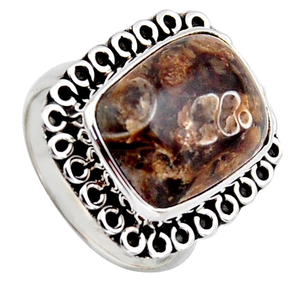 11.19cts natural brown turritella fossil snail agate silver ring size 7 r2763