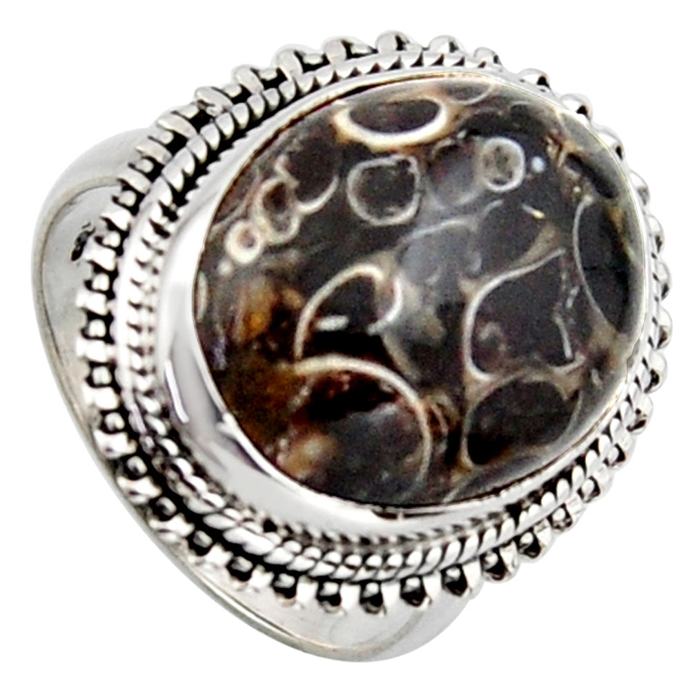 12.34cts natural brown turritella fossil snail agate silver ring size 7 r2764