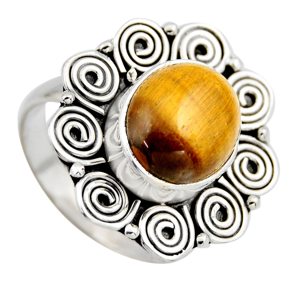 5.12cts natural brown tiger's eye 925 silver solitaire ring size 7.5 r3162