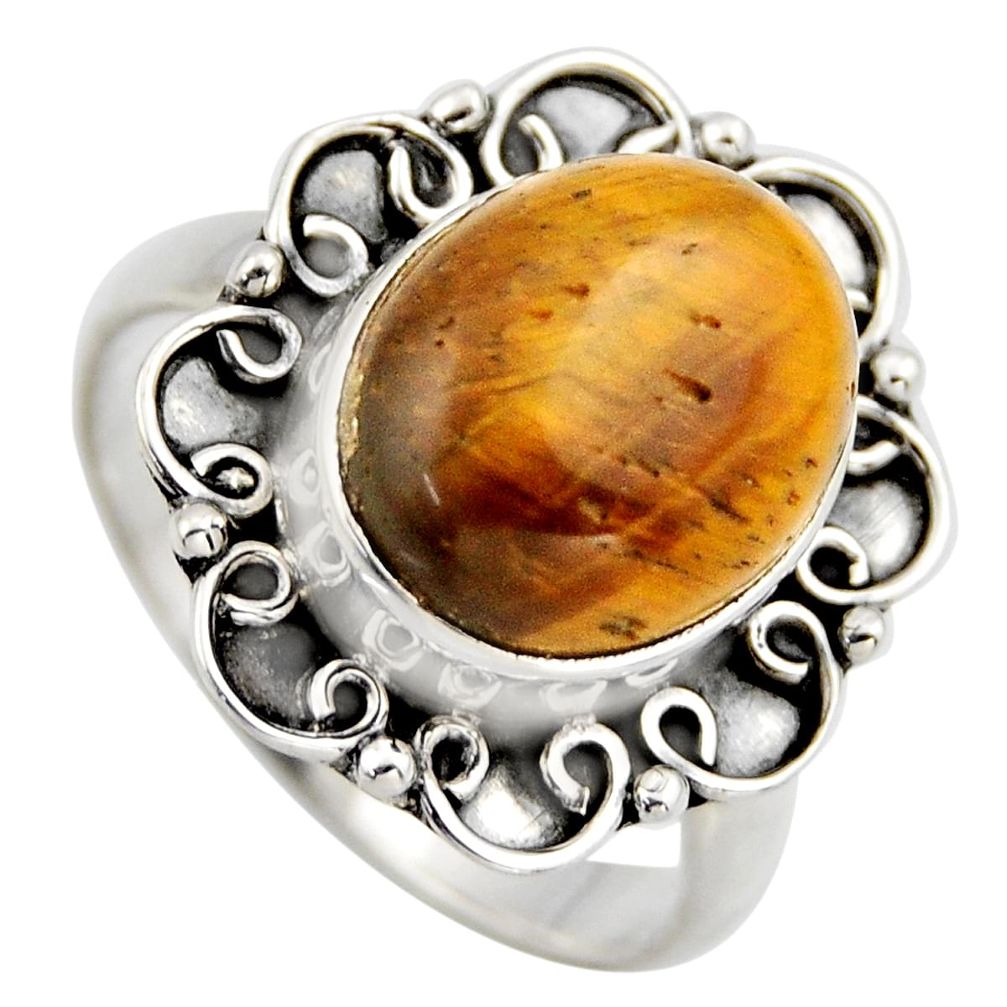 5.06cts natural brown tiger's eye 925 silver solitaire ring size 7.5 r3163