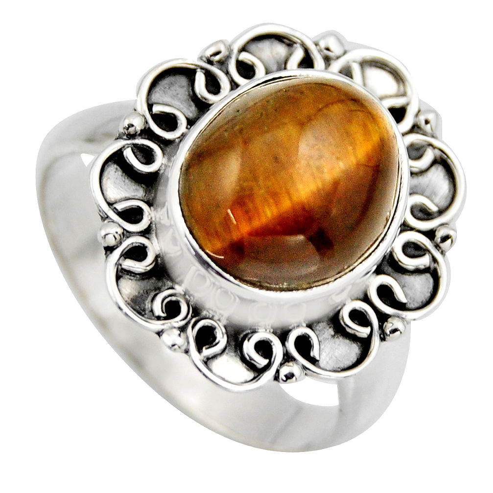 5.75cts natural brown tiger's eye 925 silver solitaire ring size 8.5 r3165