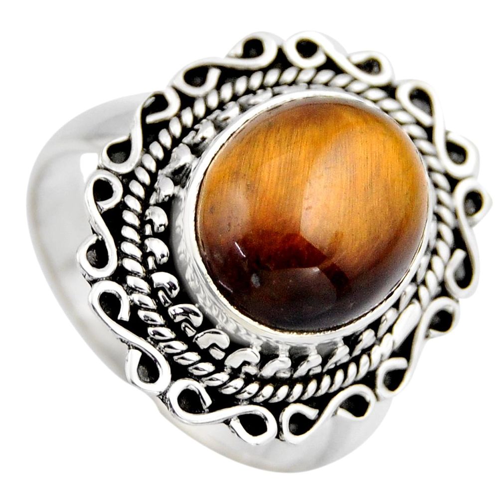 5.13cts natural brown tiger's eye 925 silver solitaire ring size 8.5 r3169