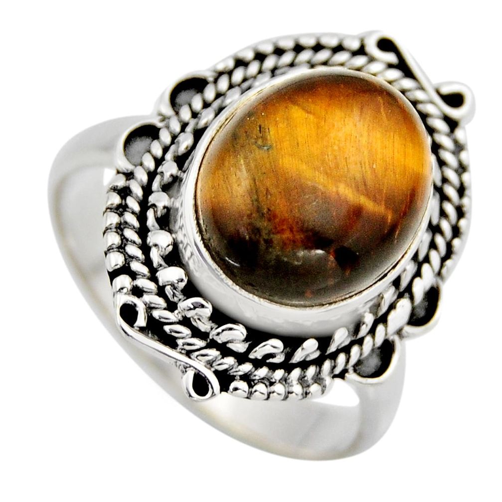 5.37cts natural brown tiger's eye 925 silver solitaire ring size 7.5 r3170