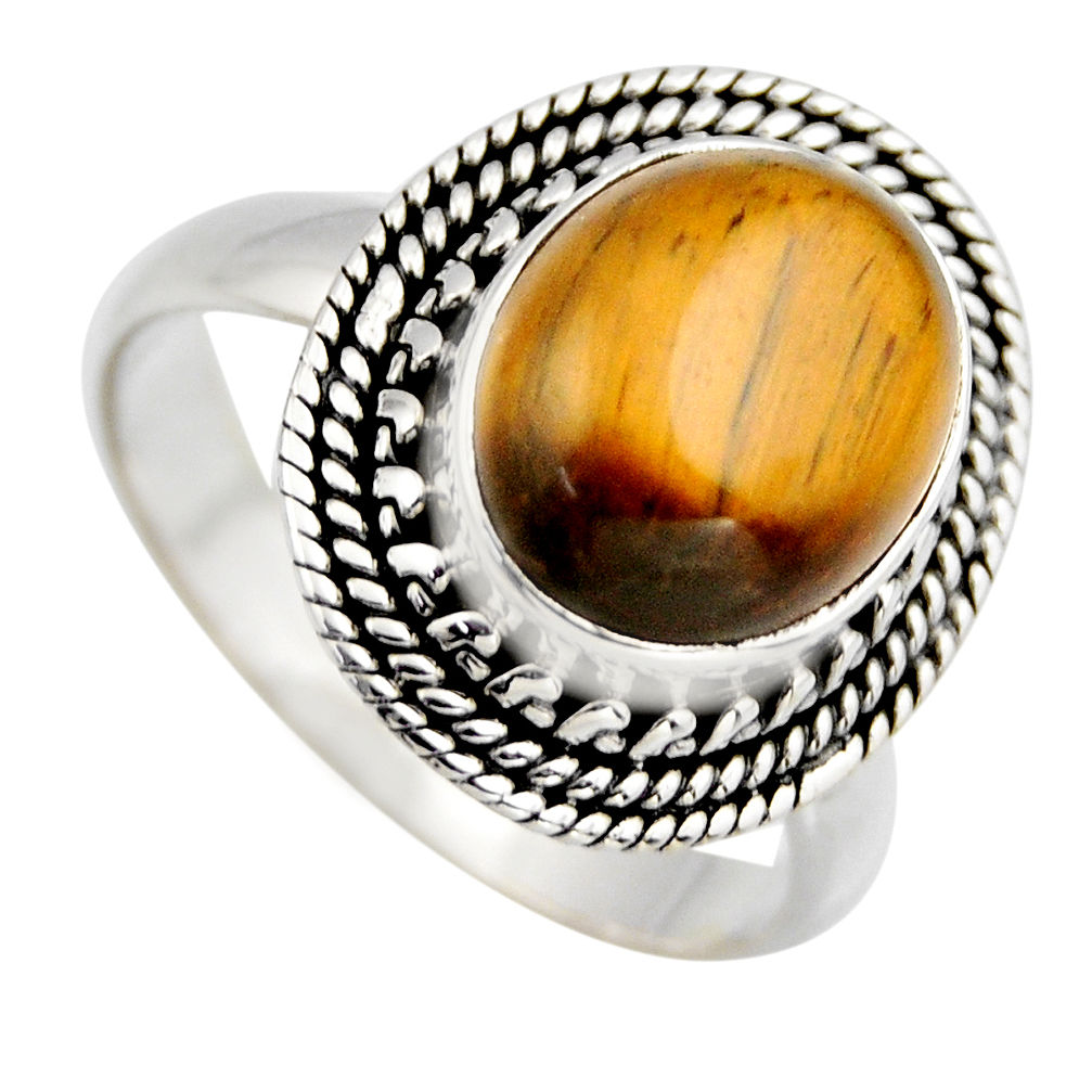 925 silver 5.30cts natural brown tiger's eye oval solitaire ring size 8.5 r3177