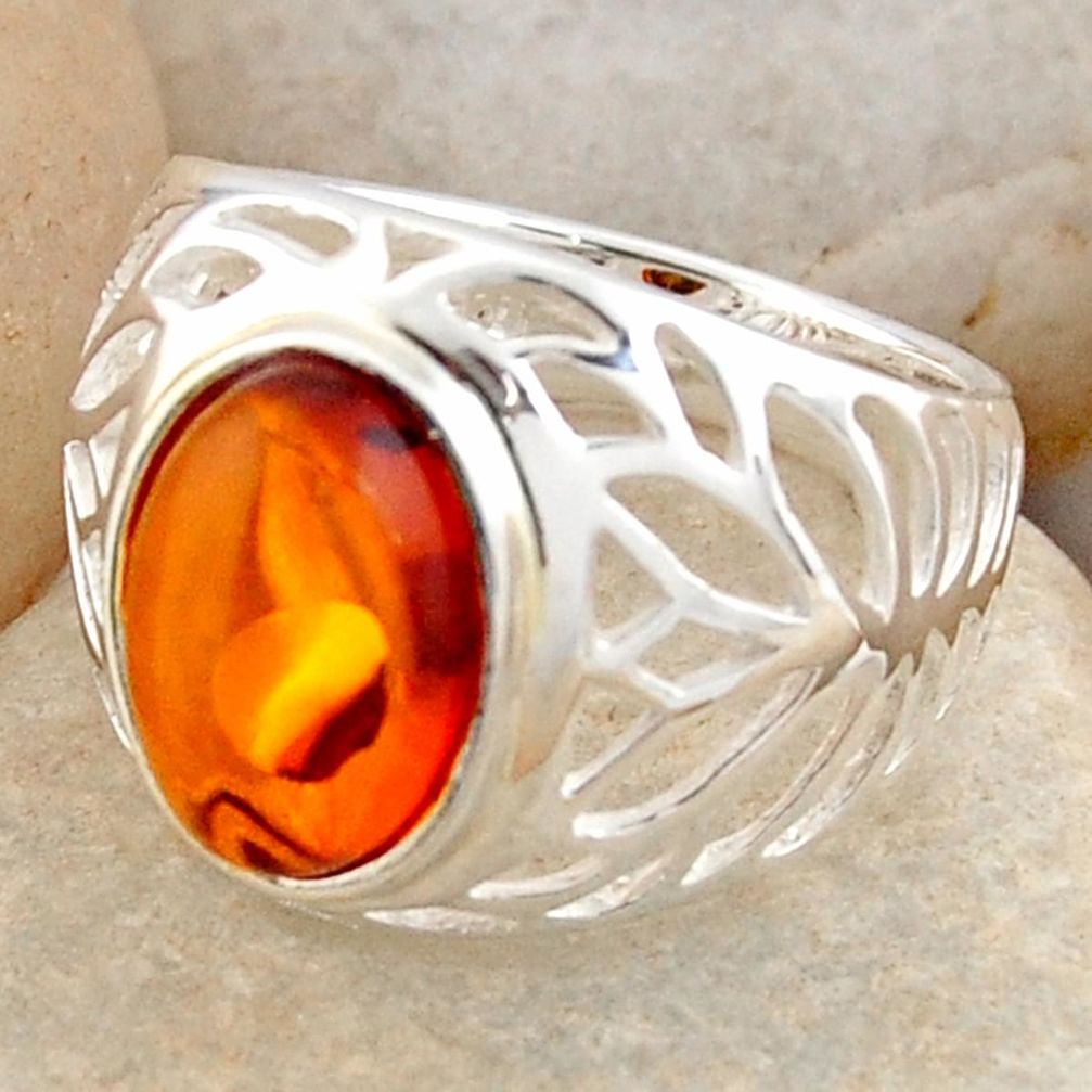 3.29cts natural orange baltic amber 925 silver solitaire ring size 6.5 r4029