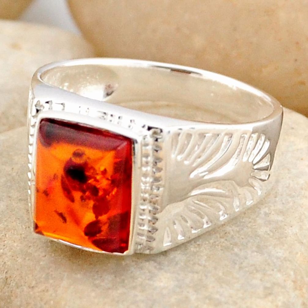 2.46cts natural orange baltic amber 925 silver solitaire ring size 9.5 r4048