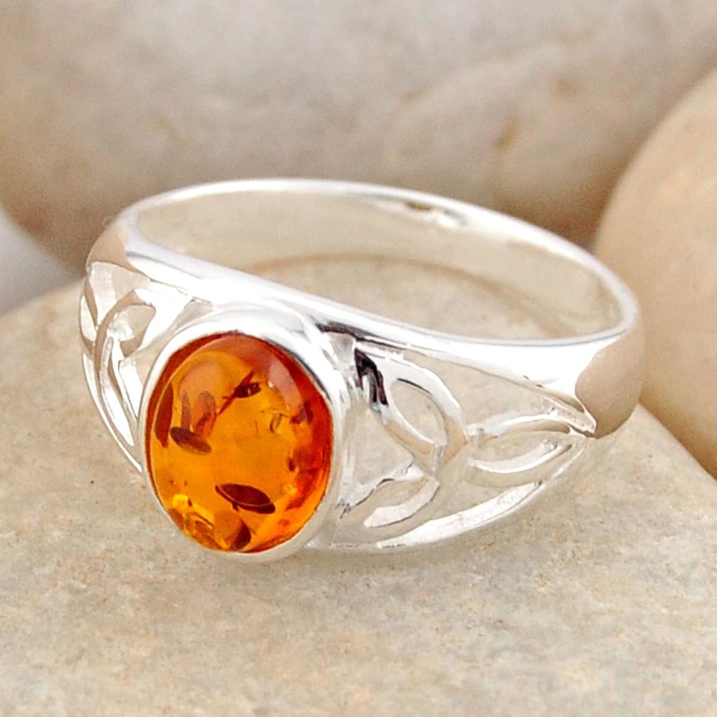 1.50cts natural orange baltic amber 925 silver solitaire ring size 6.5 r4062