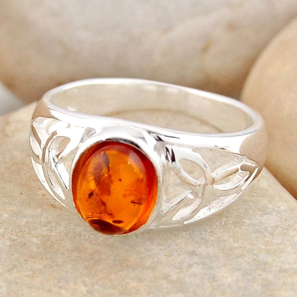 925 silver 1.64cts natural orange baltic amber solitaire ring size 5.5 r4064