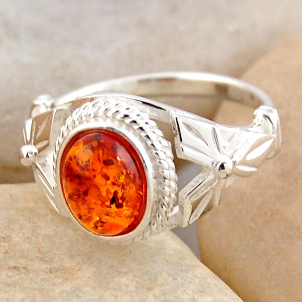 925 silver 1.84cts natural orange baltic amber solitaire ring size 5.5 r4076