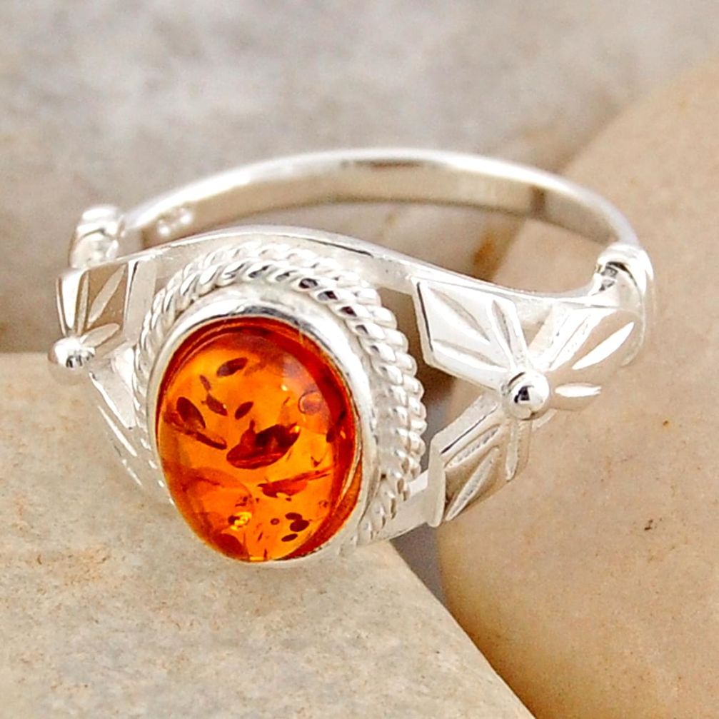 925 silver 1.74cts natural orange baltic amber solitaire ring size 5.5 r4080