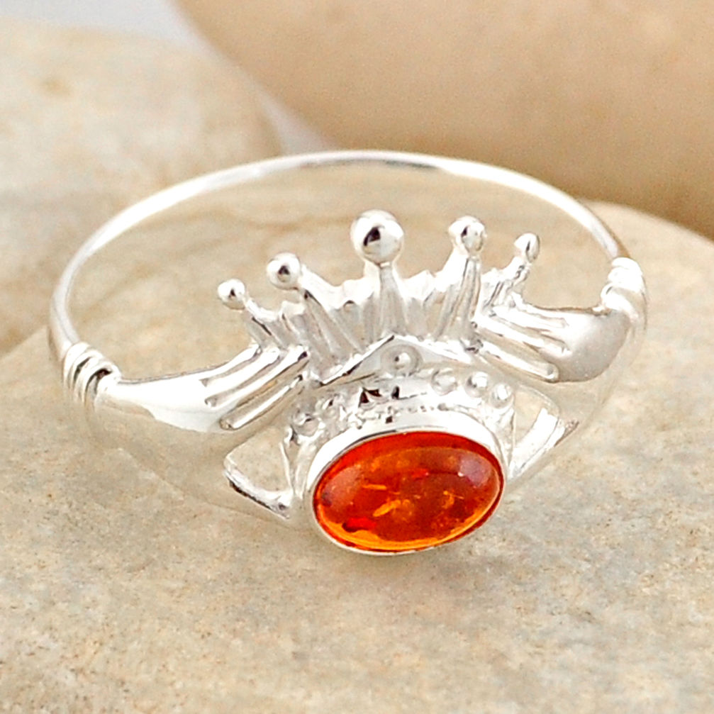 0.81cts natural orange baltic amber 925 silver solitaire ring size 7.5 r4088