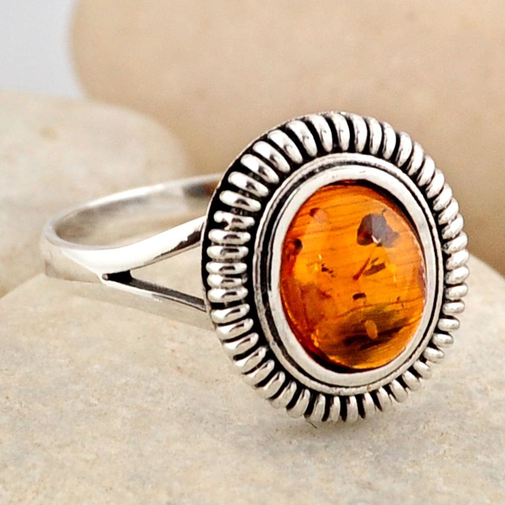 925 silver 1.46cts natural orange baltic amber solitaire ring size 8.5 r4100