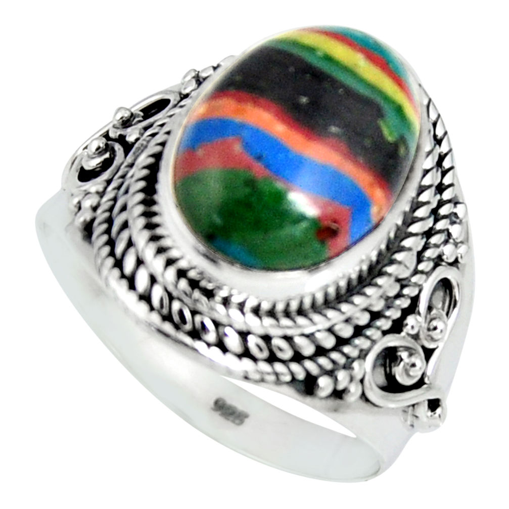 925 silver 6.66cts natural rainbow calsilica oval solitaire ring size 9 r4204
