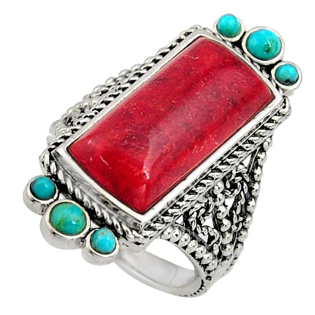 925 silver 13.89cts natural red sponge coral kingman turquoise ring size 7 r5560