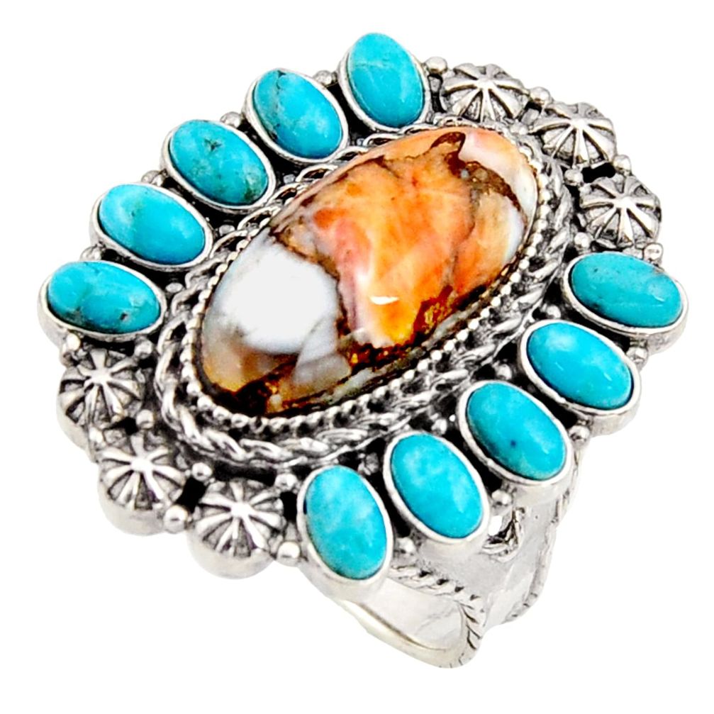 14.03cts multicolor spiny oyster arizona turquoise silver ring size 8.5 r5561