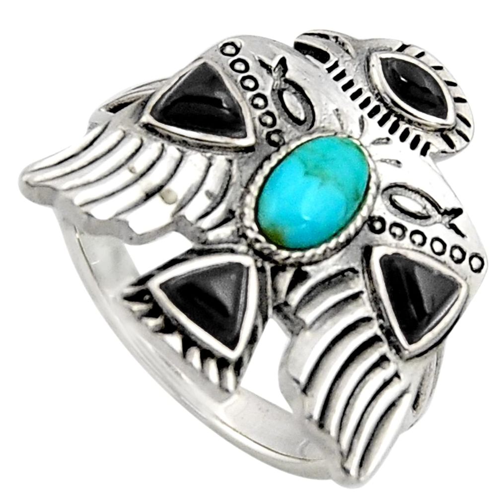 Egyptian god wings blue kingman turquoise onyx 925 silver ring size 10 r5616