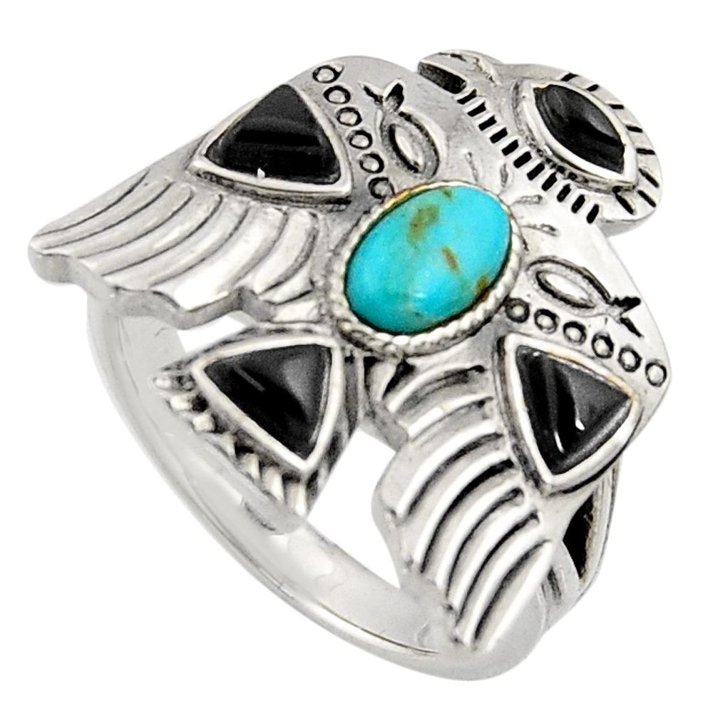 Egyptian god wings blue kingman turquoise black onyx silver ring size 9 r5617